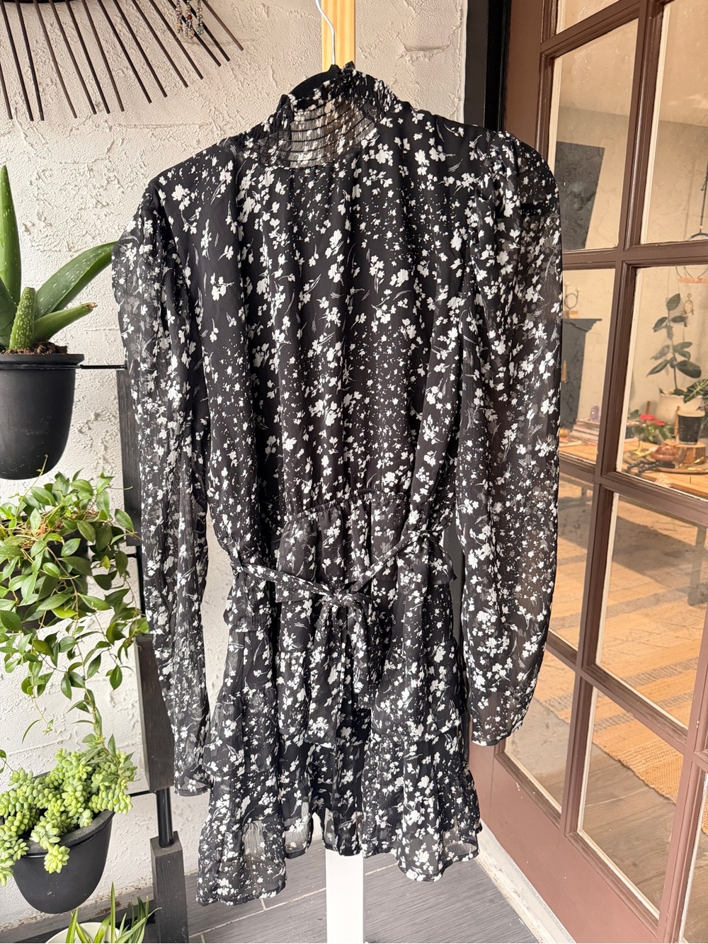 Aqua Black and White Floral Long-Sleeve Tiered Mini Dress